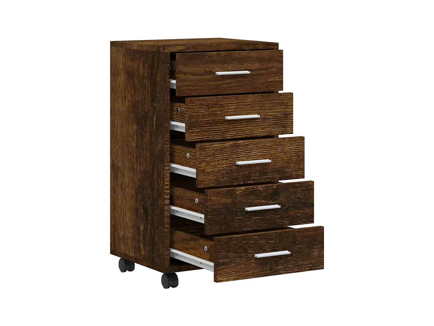 Ladekast met wieltjes bewerkt hout gerookt eikenkleurig BE605243