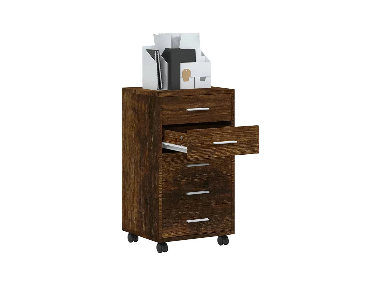 Ladekast met wieltjes bewerkt hout gerookt eikenkleurig BE605243