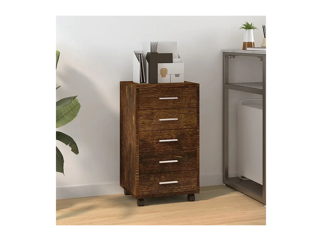 Ladekast met wieltjes bewerkt hout gerookt eikenkleurig BE605243