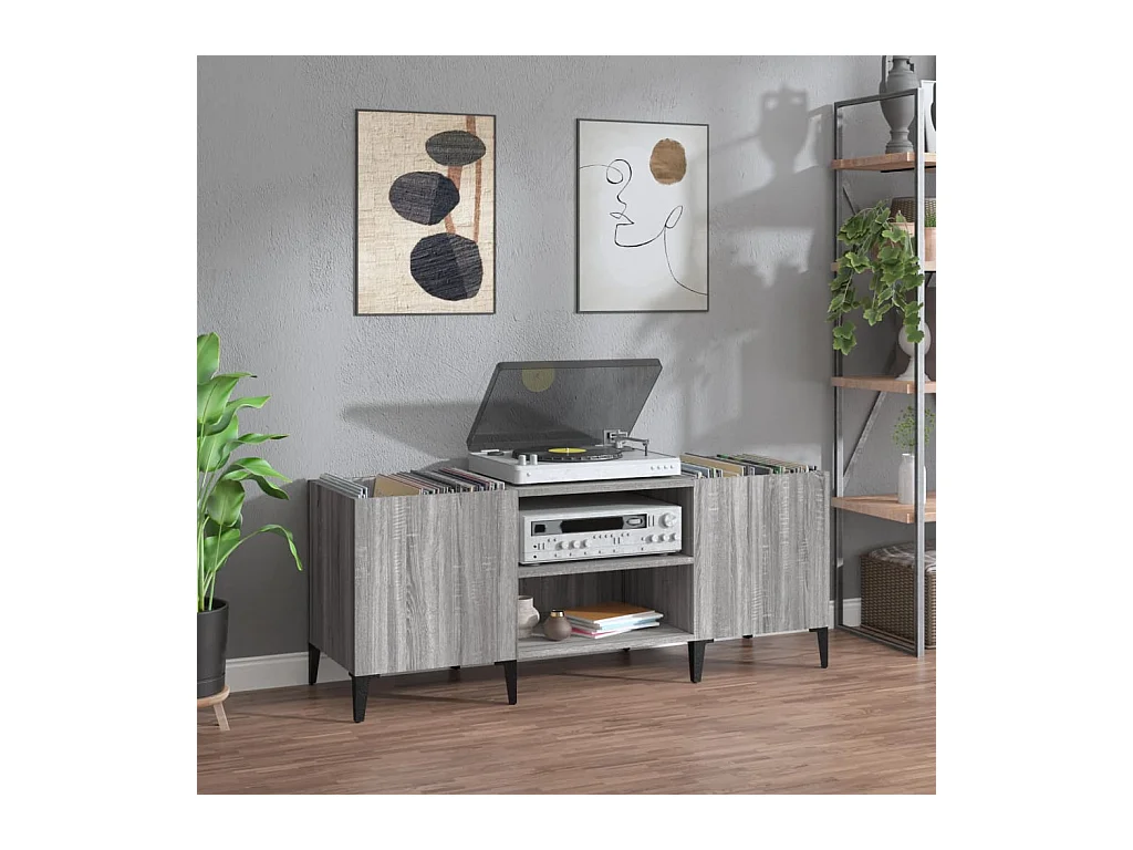 Platenkast 121x38x48 cm bewerkt hout grijs sonoma eikenkleurig BE196392