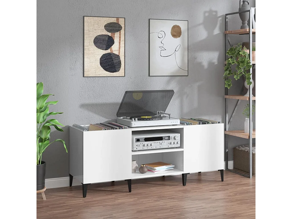 Armoire à disques blanc brillant 121x38x48 cm bois d'ingénierie FR73830