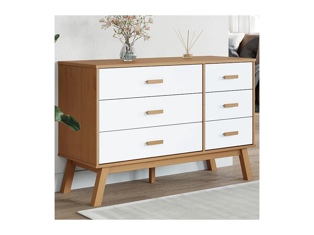 Armoire à tiroirs OLDEN blanc et marron bois de pin solide FR78773