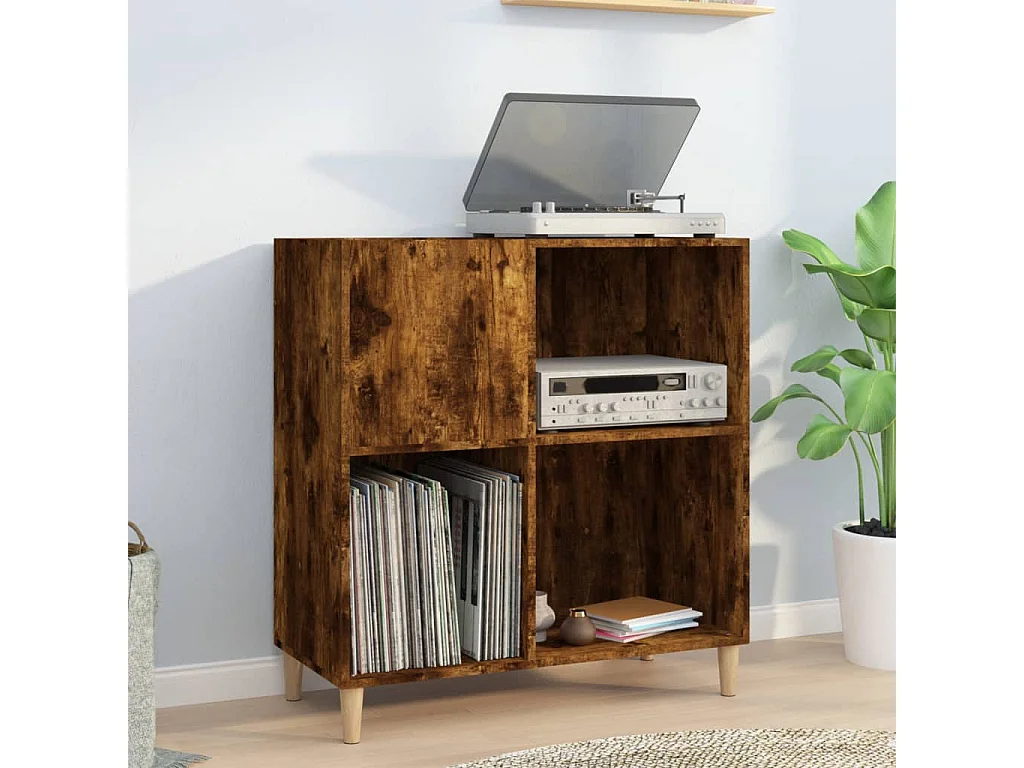 Meuble Rangement Vinyles BaraSh – Chêne Fumé 84,5x38x89 Cm, Bois Ingénierie + Pieds Fer, Style Industriel