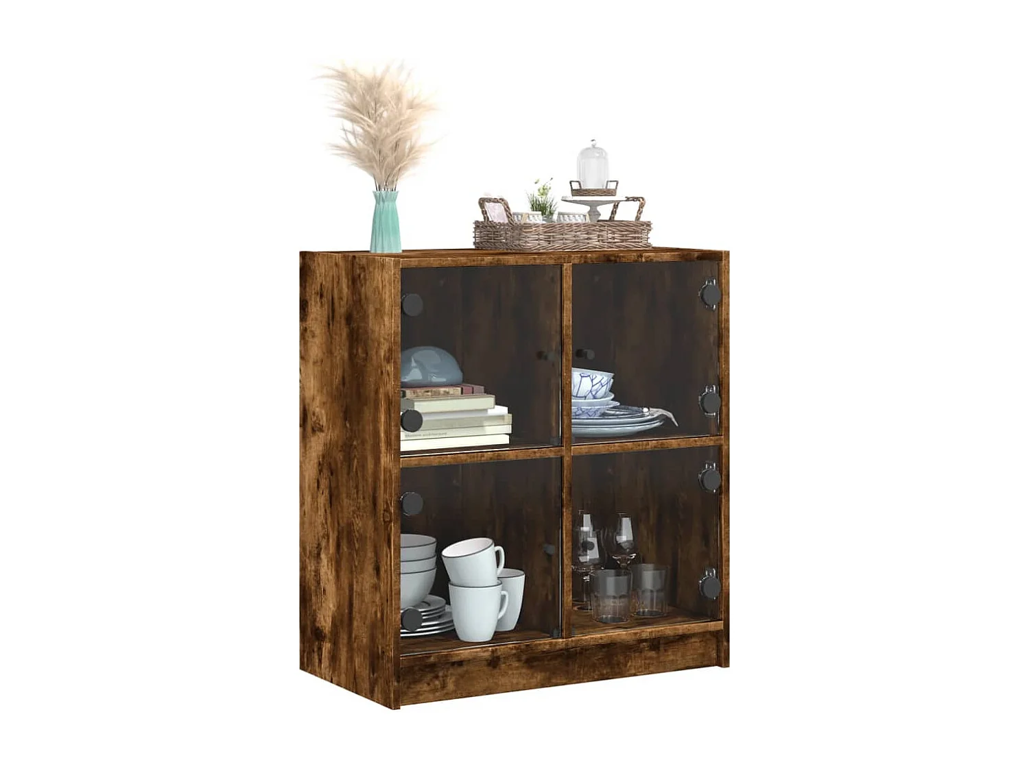 Armoire latérale avec portes en verre chêne fumé 68x37x75,5 cm FR33306