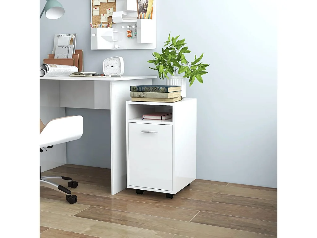 Armoire latérale avec roues Blanc brillant Bois d'ingénierie FR64370