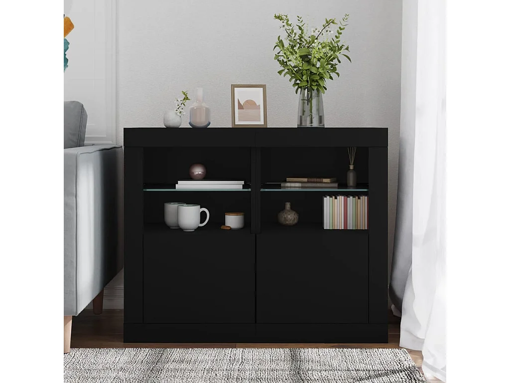 Armoires latérales et lumières LED 2 pcs noir bois d'ingénierie FR77043