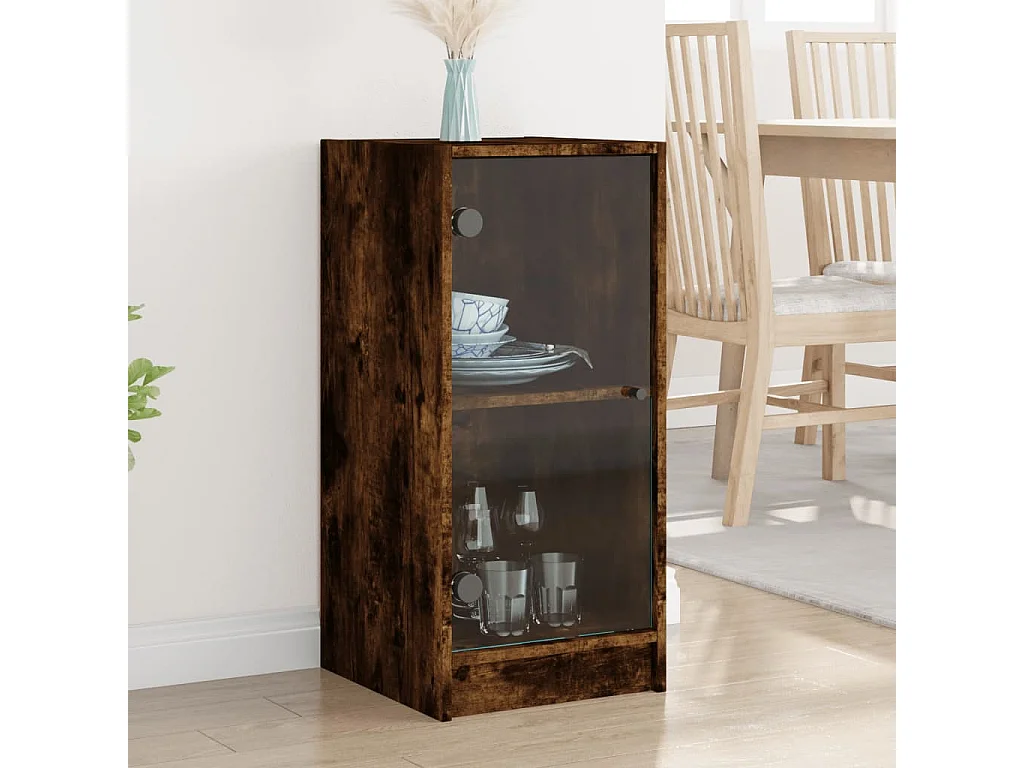 Armoire latérale avec portes en verre chêne fumé 35x37x75,5 cm FR84424