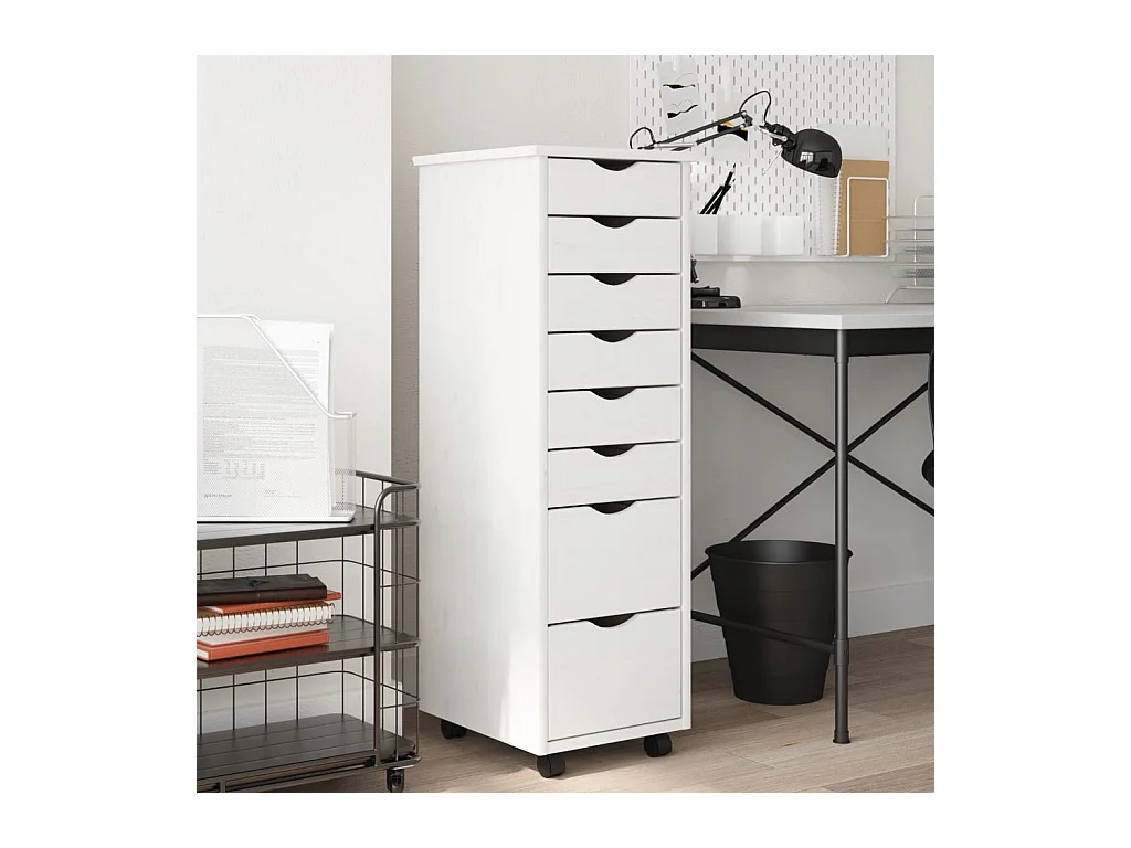 Armoire roulante avec tiroirs MOSS blanc bois de pin solide FR73990
