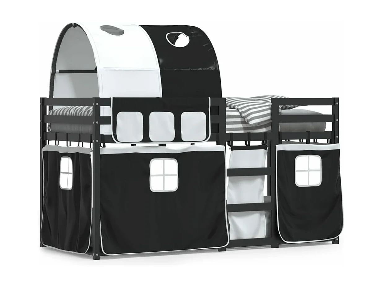 Lit superposé avec rideaux blanc/noir 90x200 cm bois pin massif FR62077