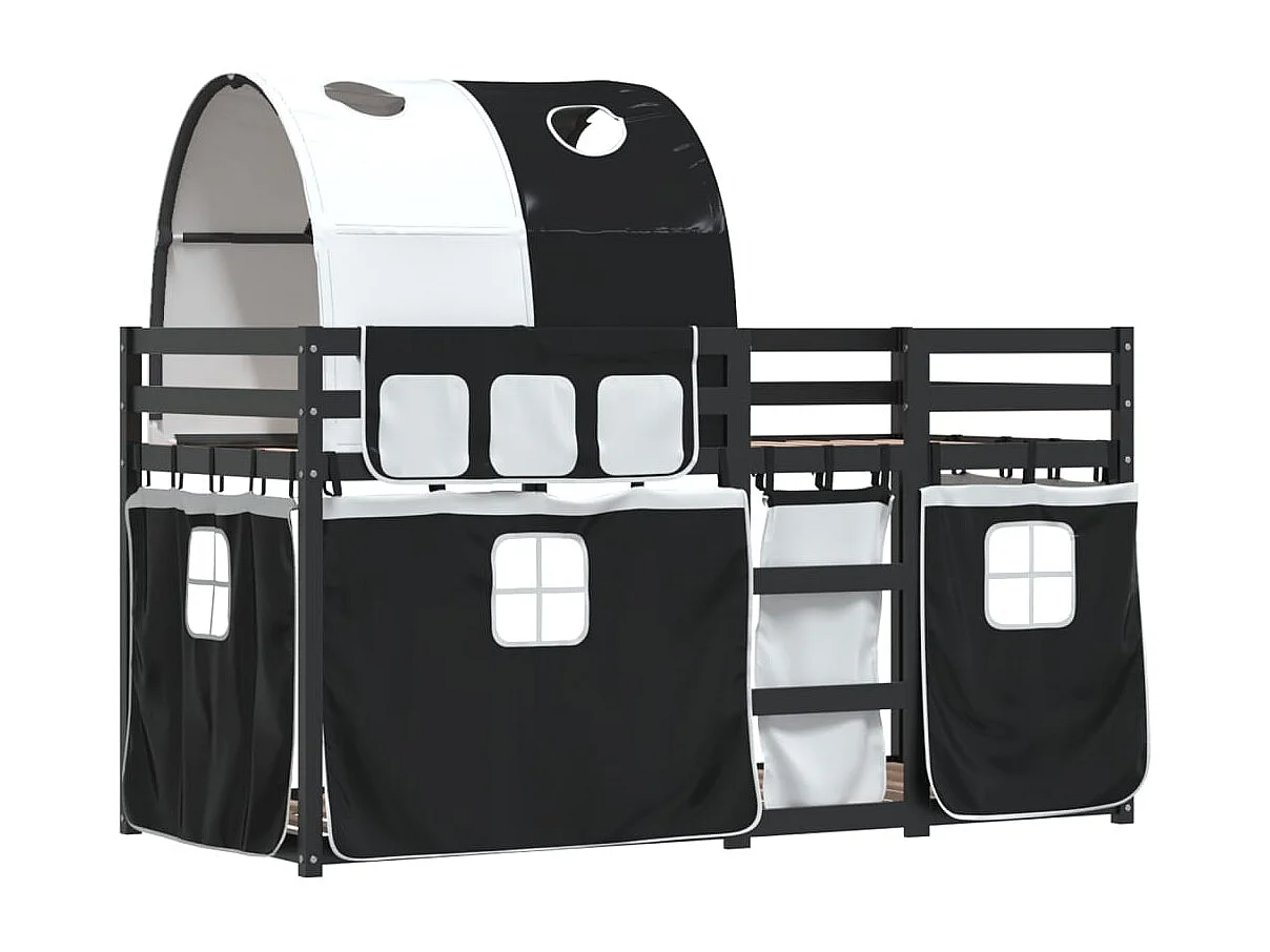 Lit superposé avec rideaux blanc/noir 90x200 cm bois pin massif FR62077