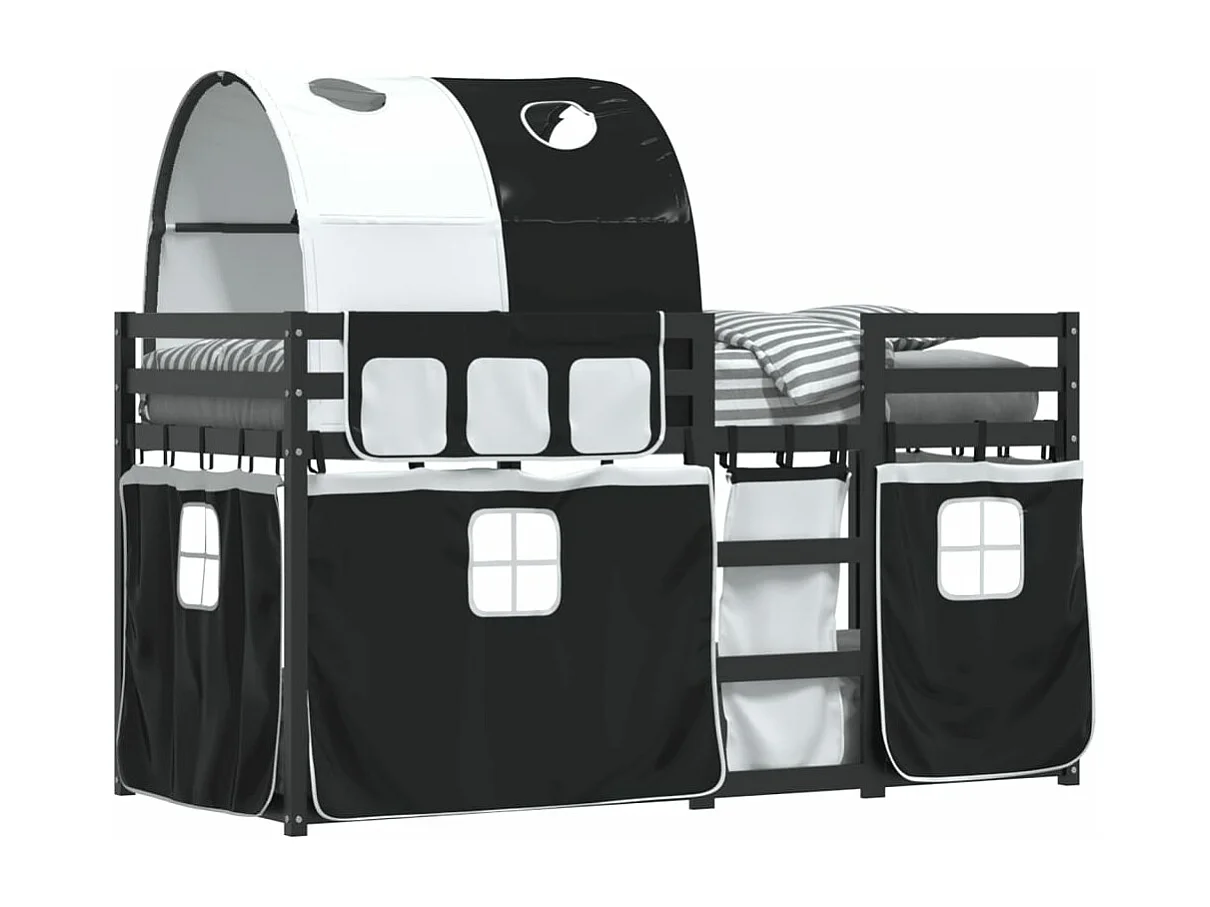 Lit superposé avec rideaux blanc/noir 90x200 cm bois pin massif FR62077