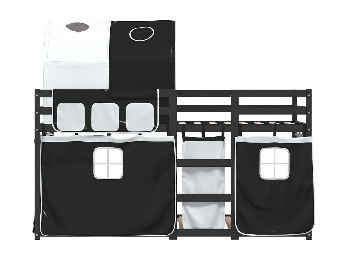 Lit superposé avec rideaux blanc/noir 90x200 cm bois pin massif FR62077