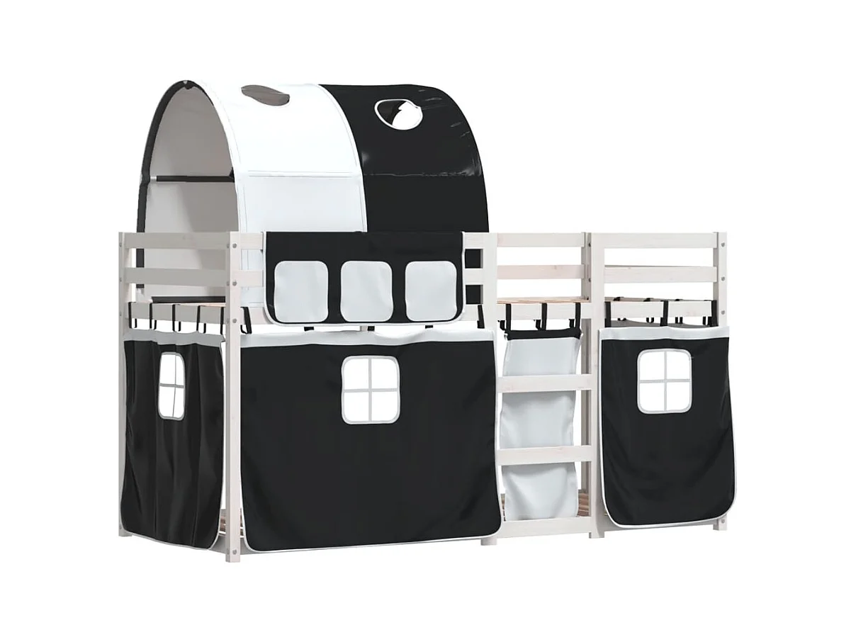 Stapelbed met gordijnen 90x200 cm grenenhout wit en zwart BE591224