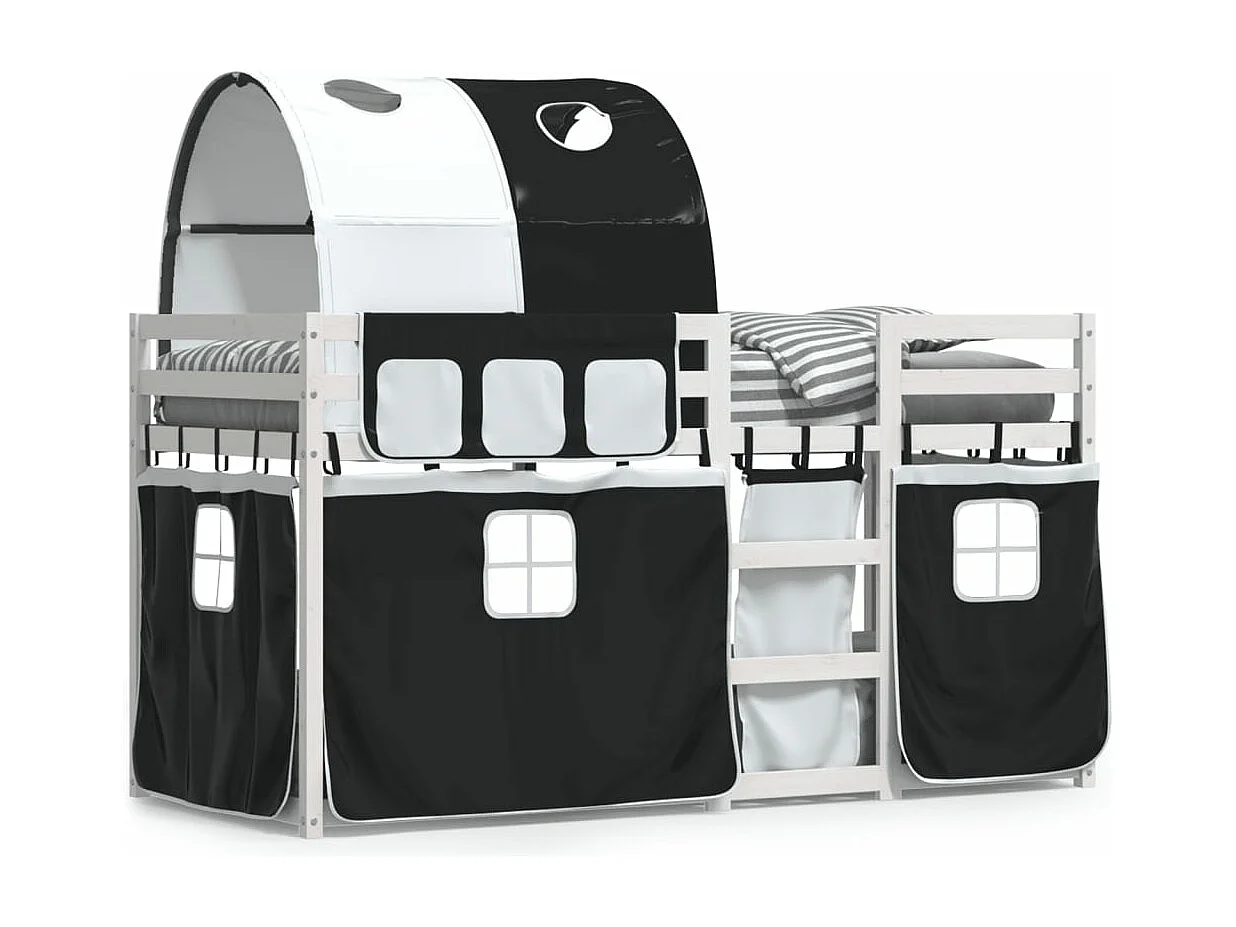 Lit superposé avec rideaux blanc/noir 90x200 cm bois pin massif FR79043