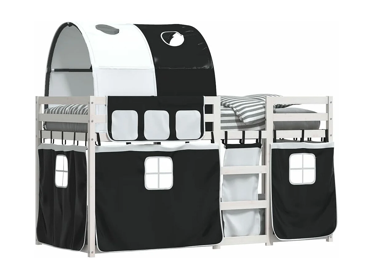 Lit superposé avec rideaux blanc/noir 90x200 cm bois pin massif FR79043