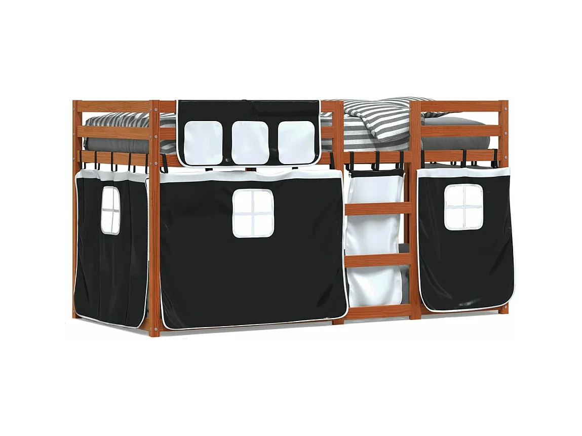 Lit superposé avec rideaux blanc/noir 80x200 cm bois pin massif FR99955
