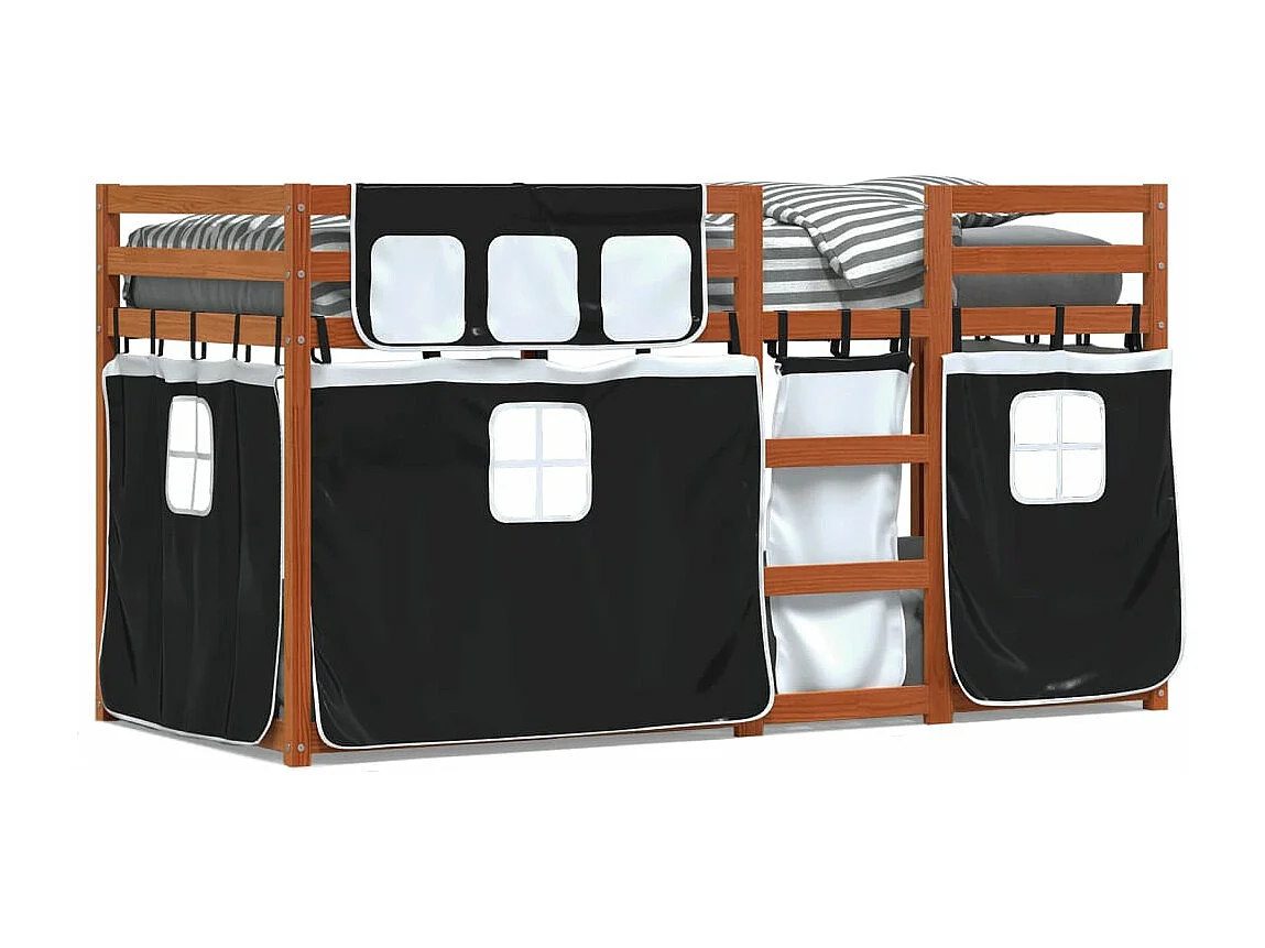 Lit superposé avec rideaux blanc/noir 90x190 cm bois pin massif FR55510
