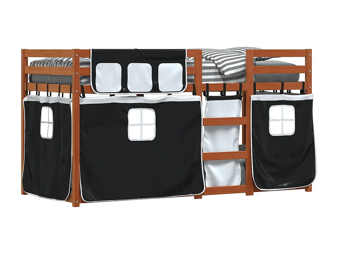 Lit superposé avec rideaux blanc/noir 90x190 cm bois pin massif FR55510