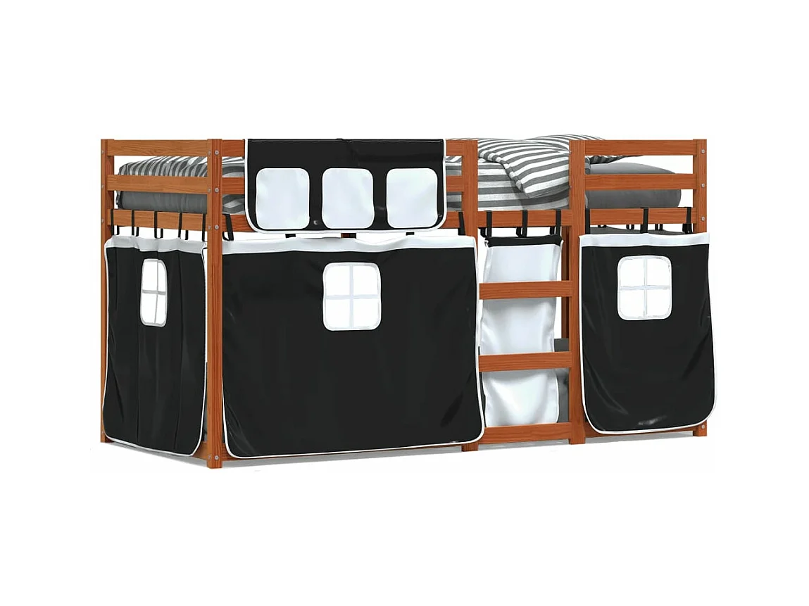 Lit superposé avec rideaux blanc/noir 90x190 cm bois pin massif FR55510