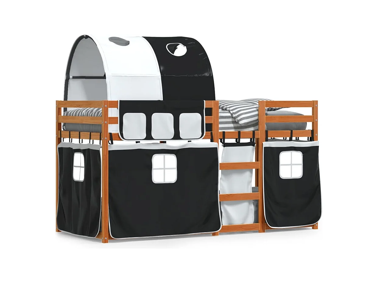 Lit superposé avec rideaux blanc/noir 90x190 cm bois pin massif FR74567