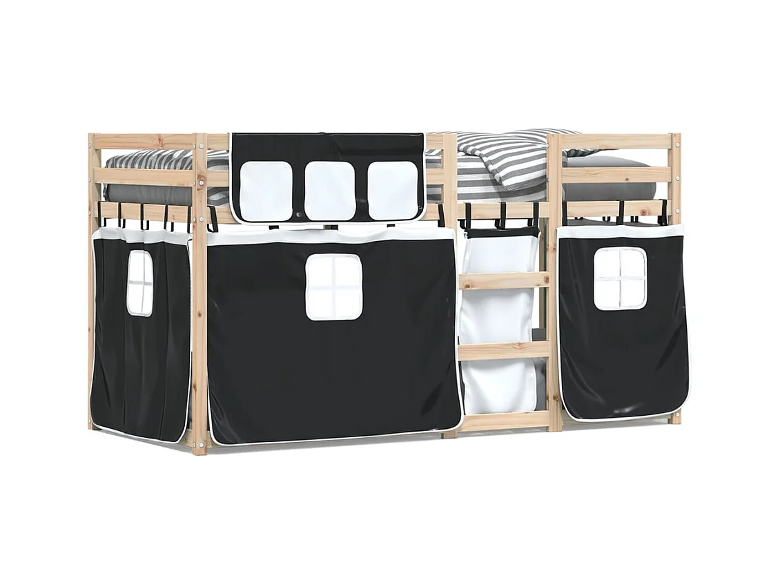 Lit superposé avec rideaux blanc/noir 90x200 cm bois pin massif FR30384