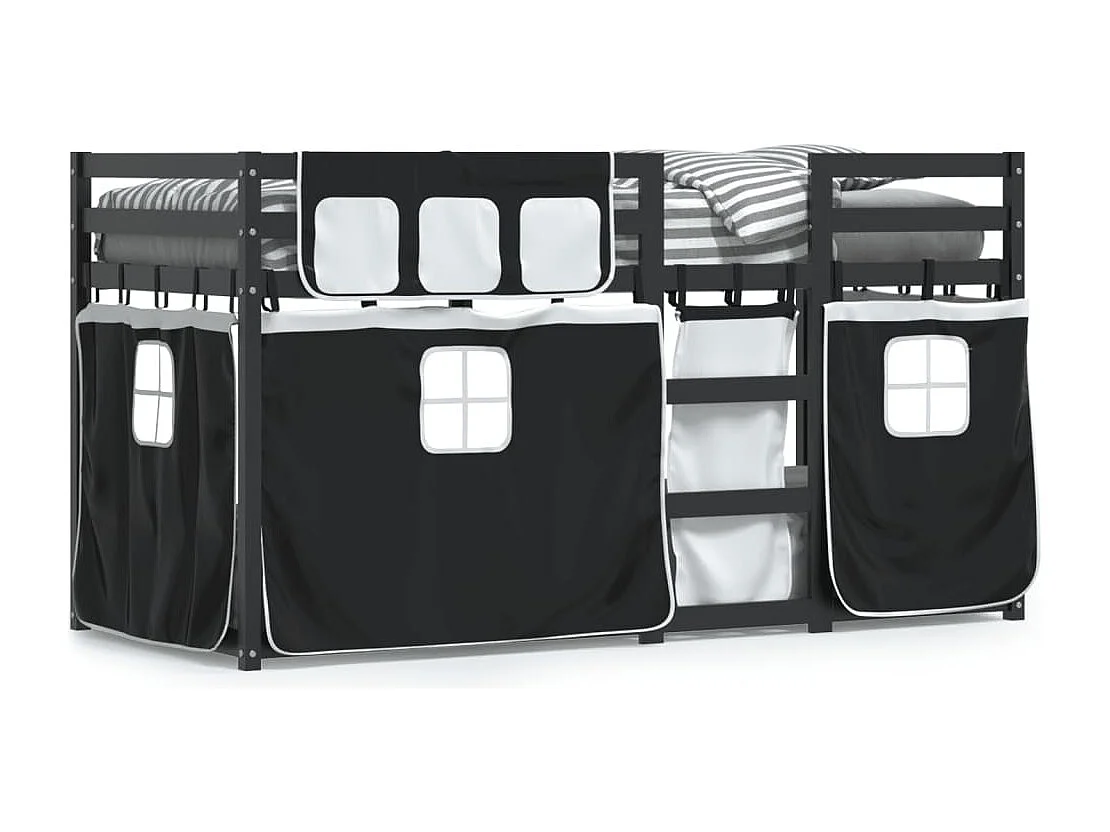 Lit superposé avec rideaux blanc/noir 90x200 cm bois pin massif FR88661