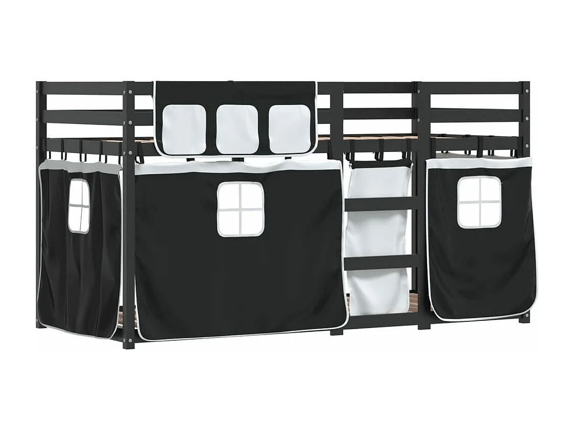 Lit superposé avec rideaux blanc/noir 90x200 cm bois pin massif FR88661