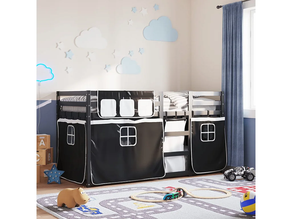 Lit superposé avec rideaux blanc/noir 90x200 cm bois pin massif FR88661