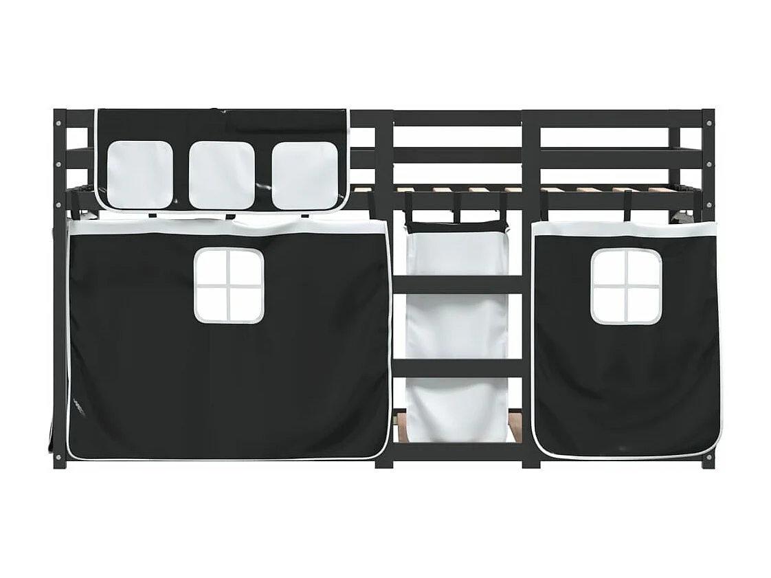 Lit superposé avec rideaux blanc/noir 90x200 cm bois pin massif FR88661