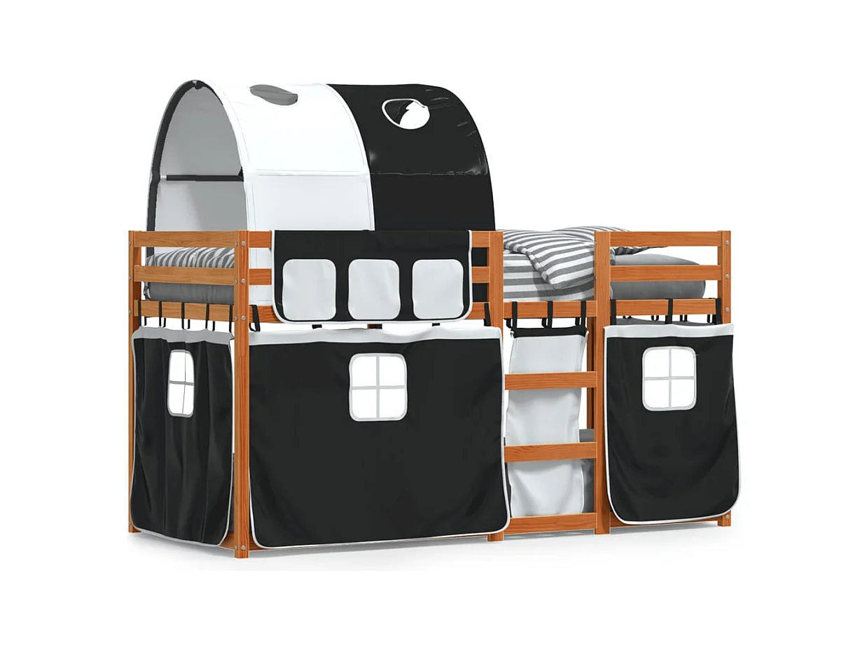 Lit superposé avec rideaux blanc/noir 90x200 cm bois pin massif FR30074