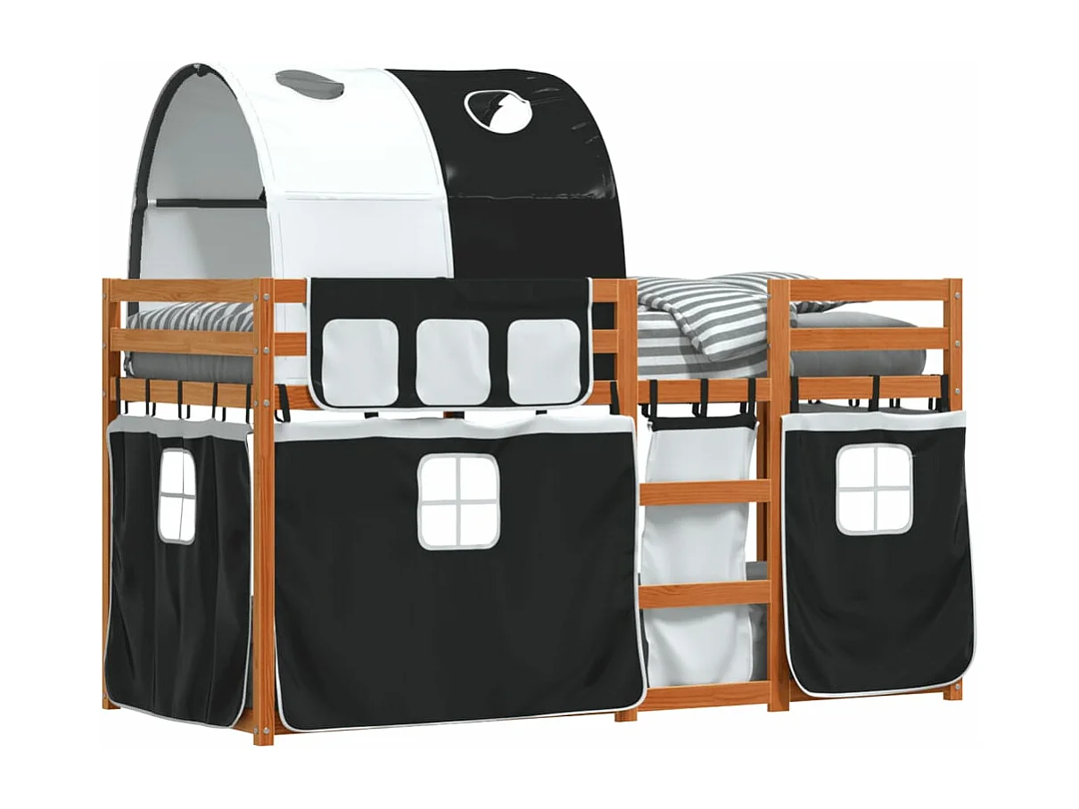 Lit superposé avec rideaux blanc/noir 90x200 cm bois pin massif FR30074