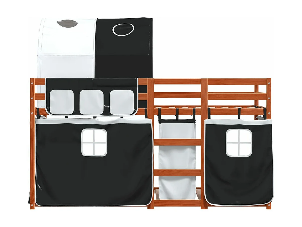Lit superposé avec rideaux blanc/noir 90x200 cm bois pin massif FR30074
