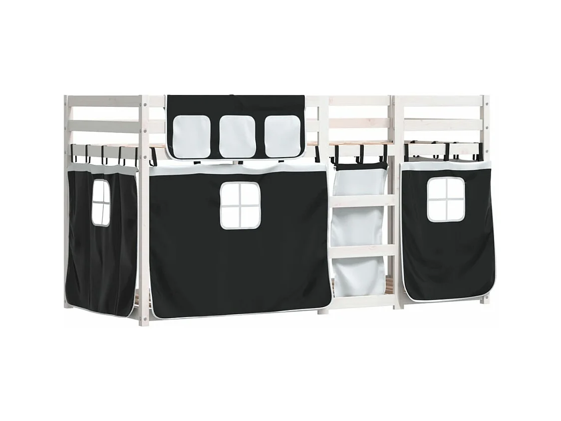 Lit superposé avec rideaux blanc/noir 90x200 cm bois pin massif FR51316