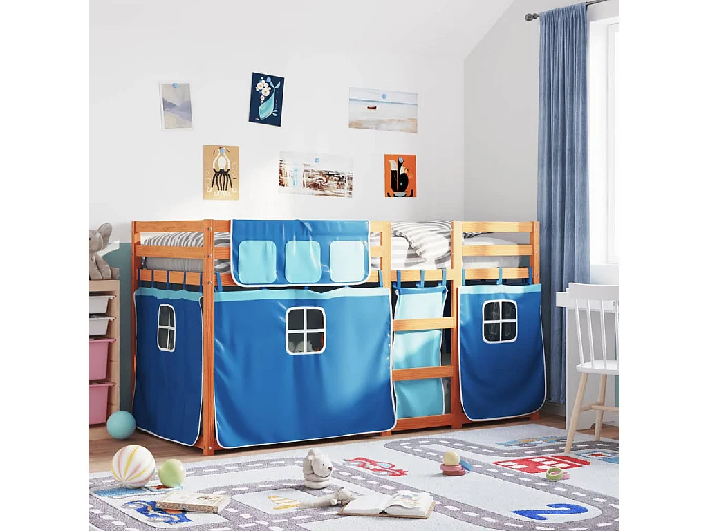 Litera con cortinas madera maciza de pino azul 90x200 cm ES208055