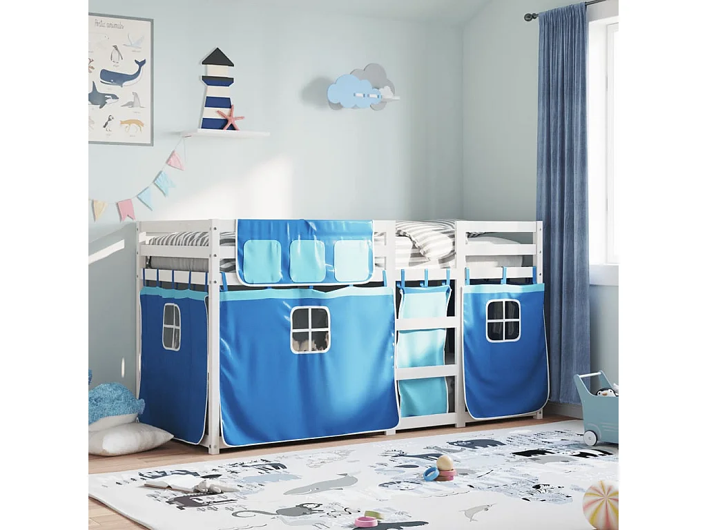 Litera con cortinas madera maciza de pino azul 90x200 cm ES306033