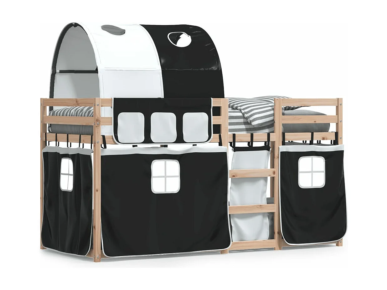 Lit superposé avec rideaux blanc/noir 90x190 cm bois pin massif FR59691