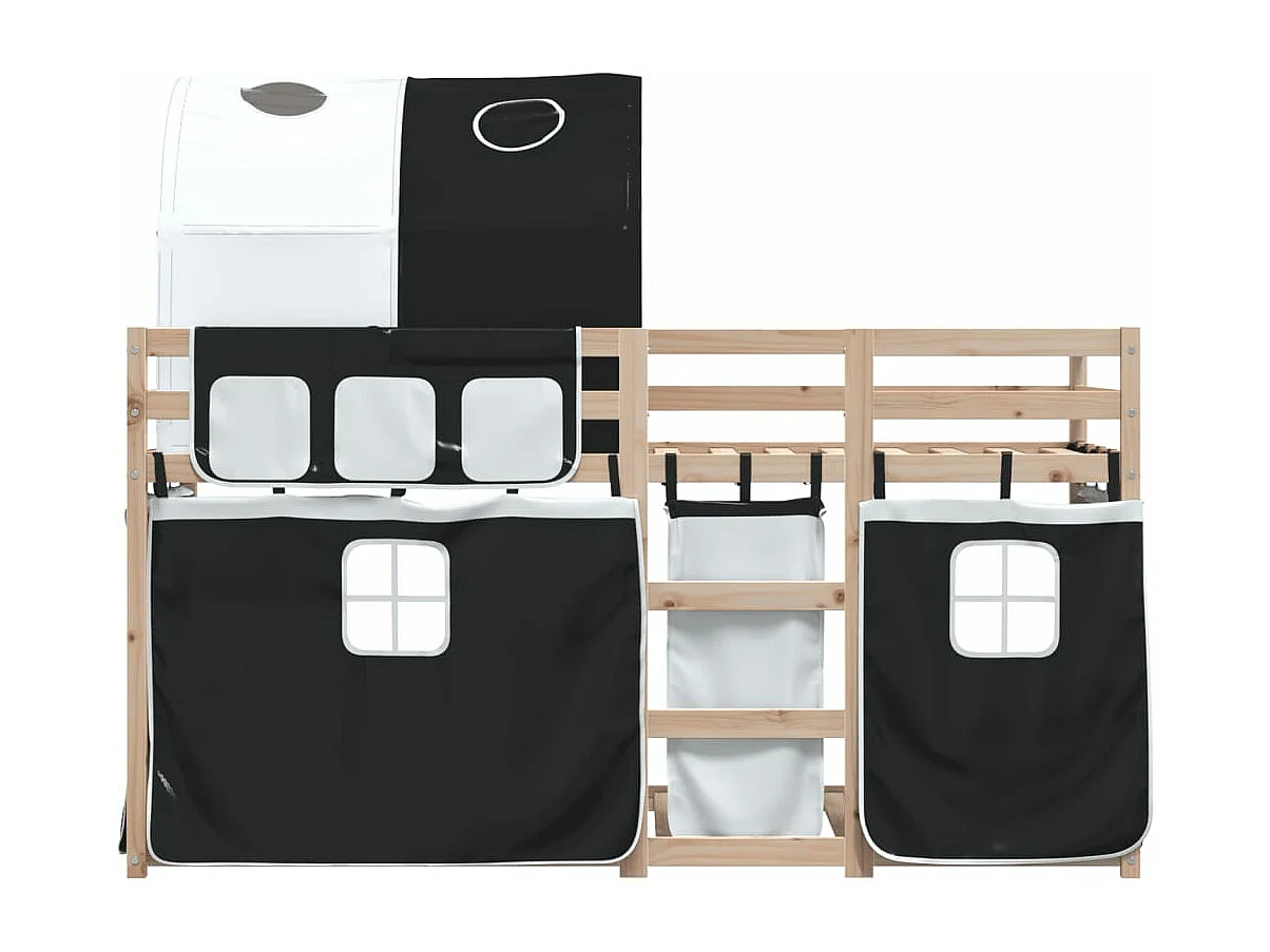 Lit superposé avec rideaux blanc/noir 90x190 cm bois pin massif FR59691