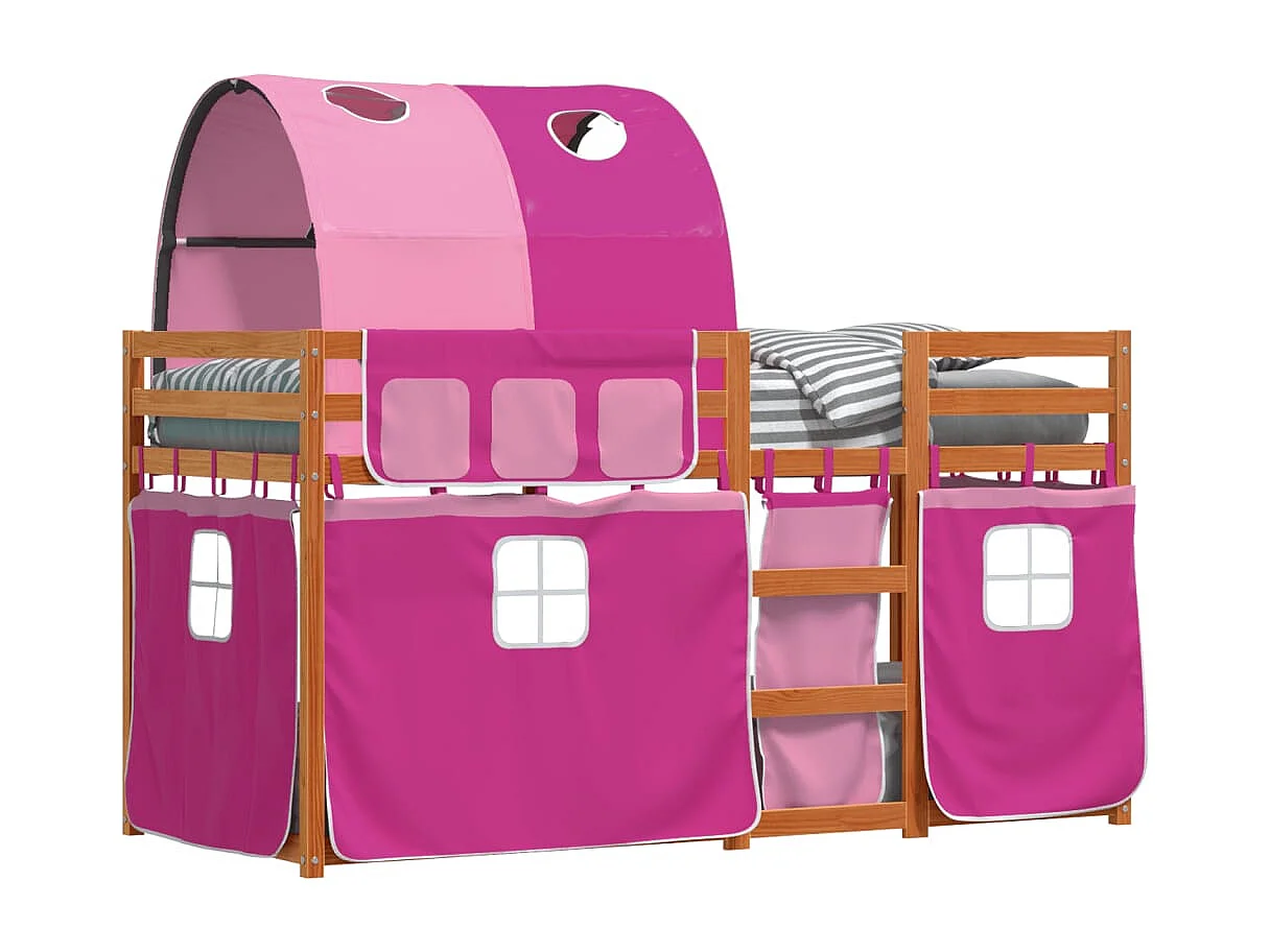 Lit superposé avec rideaux rose 80x200 cm bois pin massif FR13059