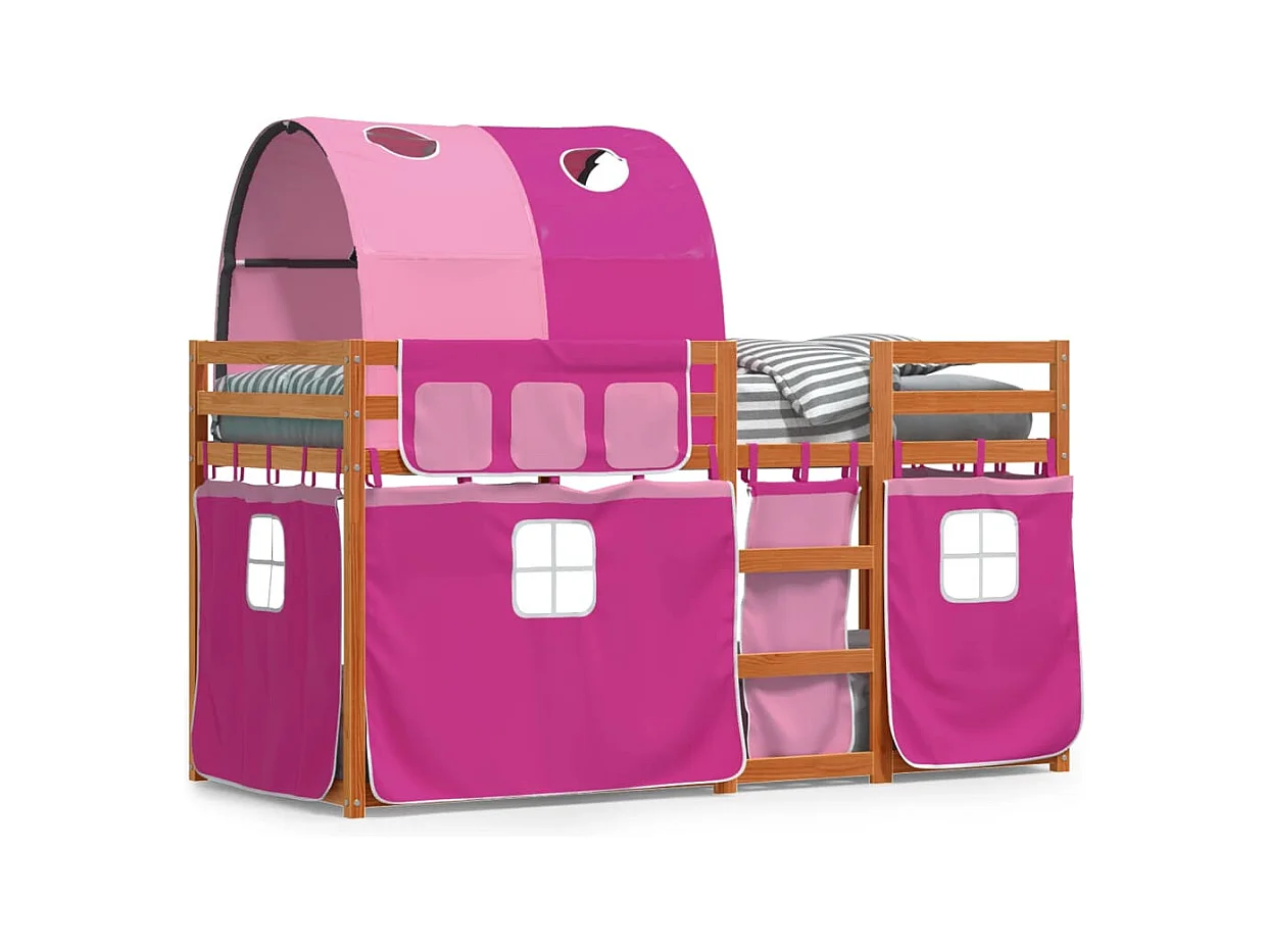 Lit superposé avec rideaux rose 90x190 cm bois pin massif FR58117