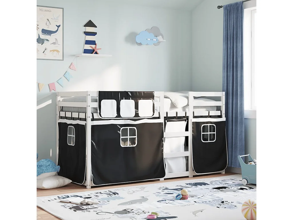 Beliche com cortinas 90x190 cm pinho maciço branco e preto PT916215