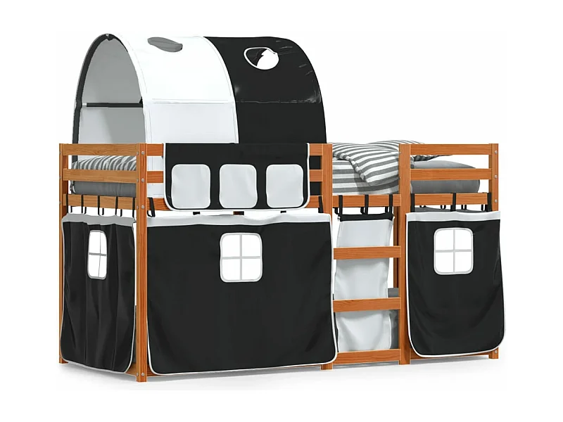 Lit superposé avec rideaux blanc/noir 80x200 cm bois pin massif FR81443