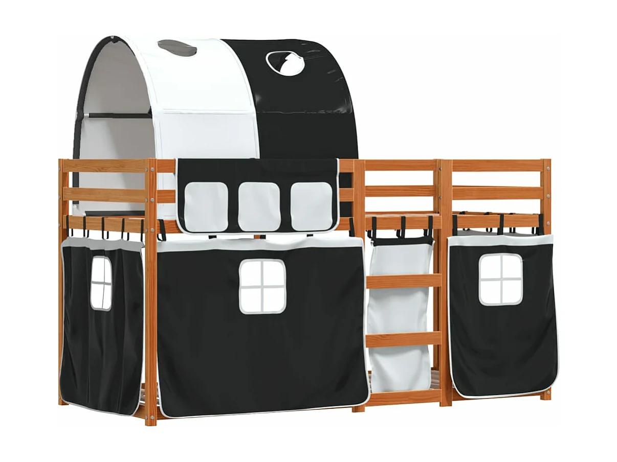 Lit superposé avec rideaux blanc/noir 80x200 cm bois pin massif FR81443