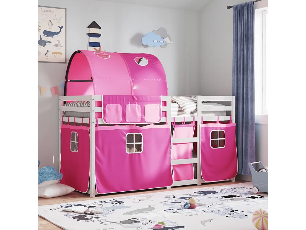 Stapelbed met gordijnen 75x190 cm grenenhout roze BE680780