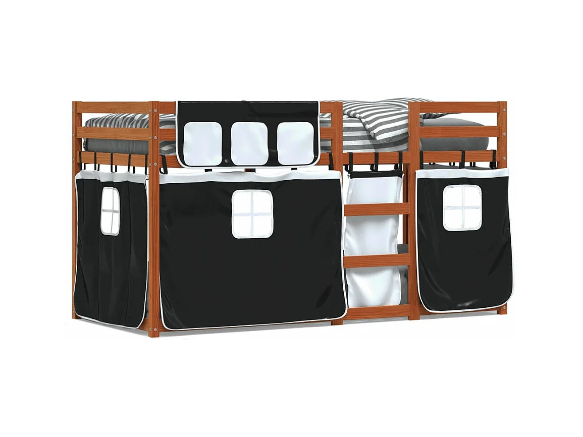 Lit superposé avec rideaux blanc/noir 90x200 cm bois pin massif FR42542