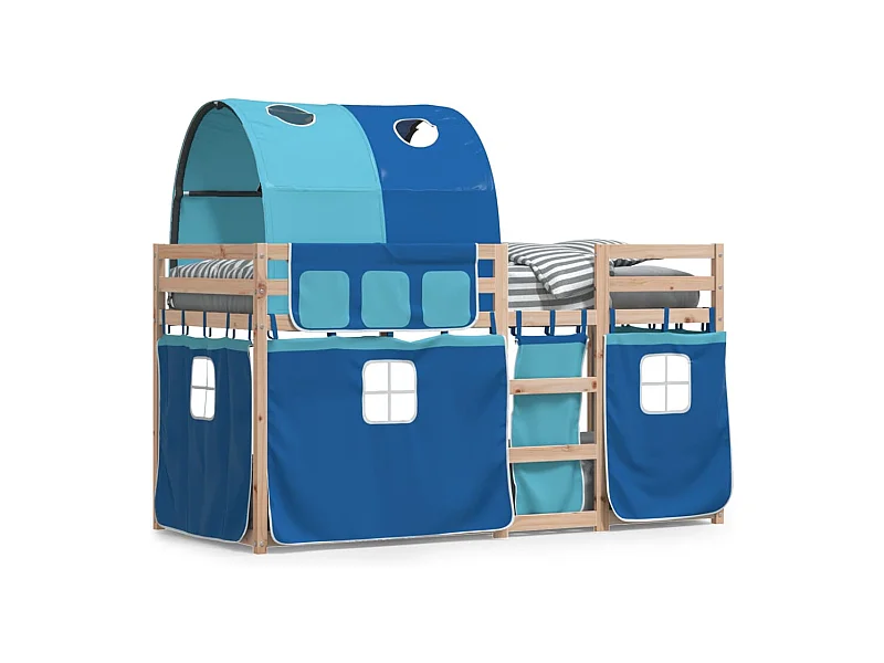 Stapelbed met gordijnen 75x190 cm massief grenenhout blauw BE432724