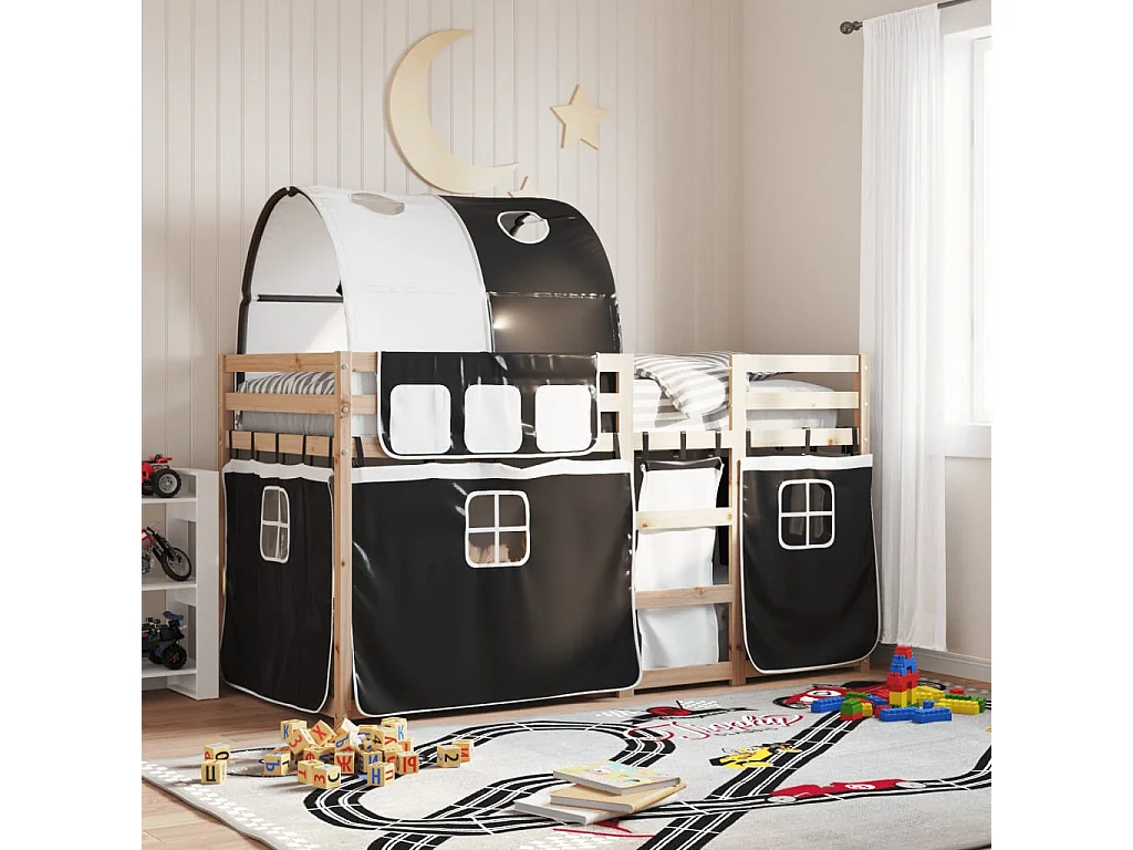 Stapelbed met gordijnen 75x190 cm grenenhout wit en zwart BE608862