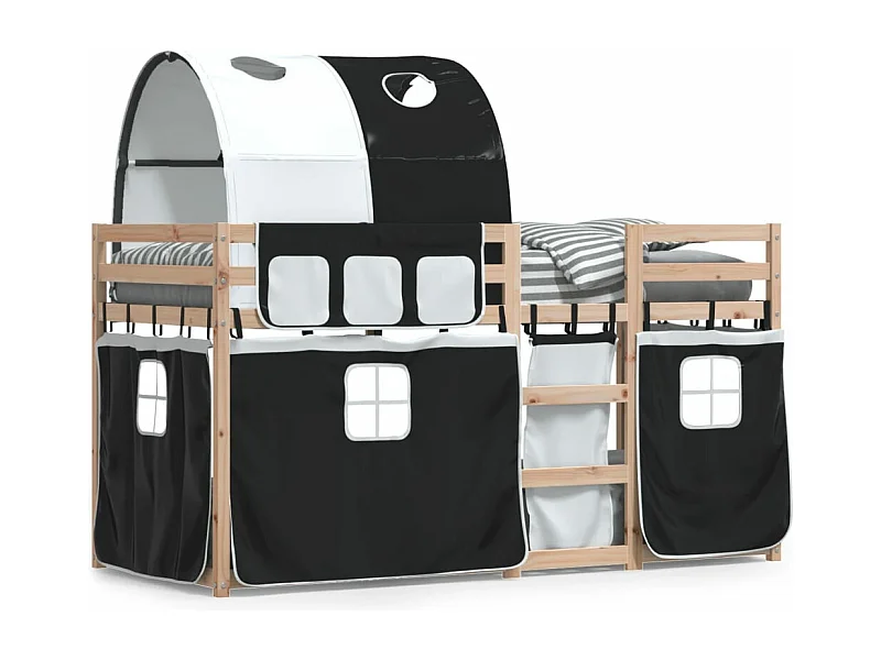 Lit superposé avec rideaux blanc/noir 75x190 cm bois pin massif FR32306