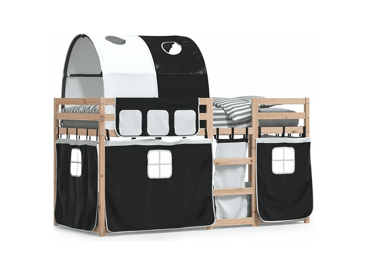 Lit superposé avec rideaux blanc/noir 90x200 cm bois pin massif FR72788