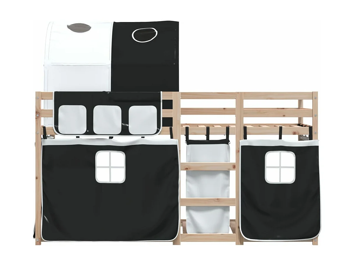 Lit superposé avec rideaux blanc/noir 90x200 cm bois pin massif FR72788