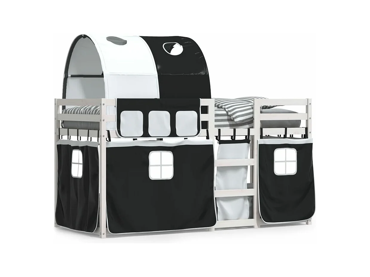 Lit superposé avec rideaux blanc/noir 90x190 cm bois pin massif FR61707